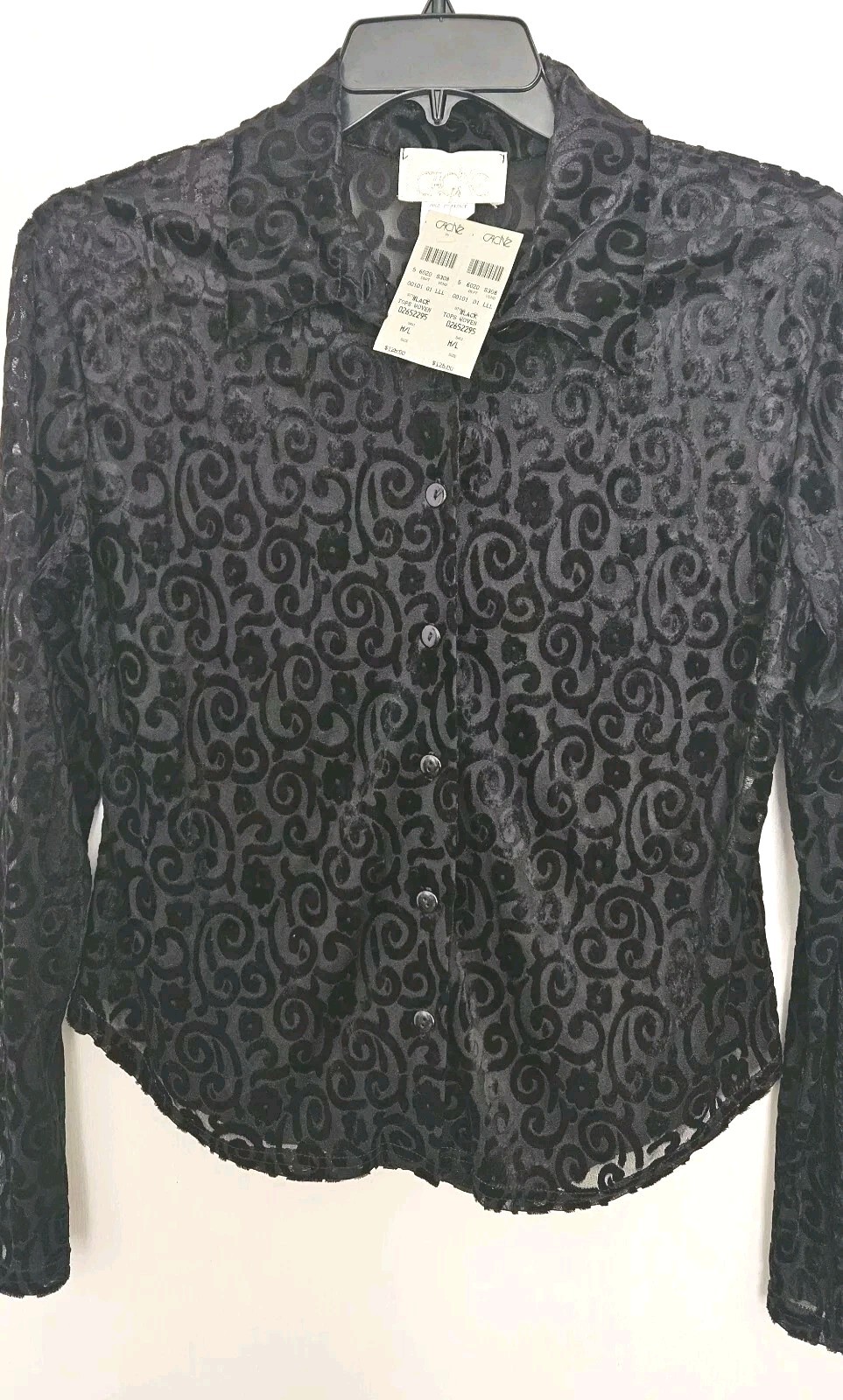 Vintage 90s Cache France NWT Black Velvet Burnout Top M Sexy Sheer Y2K Rare Find