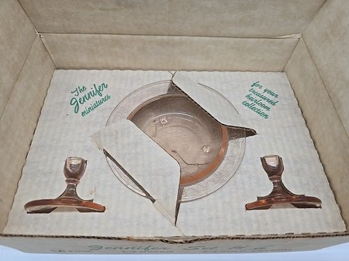 Vintage Mosser Jennifer Miniature Set #6 Pink Glass Bowl + Candlesticks NIB NOS