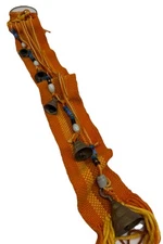 Orange Banner w Strand Six Bells Prayer Tibetan Buddhism Wall Hang Glass Beads