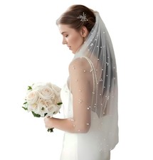 Pearl Wedding Bridal Veil for Bride White Ivory Veil with Metal Comb Short