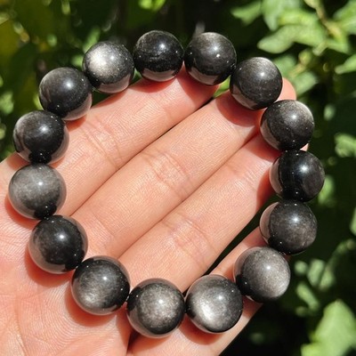 14mm stretchable high quality silver obsidian chunky bracelet 0482