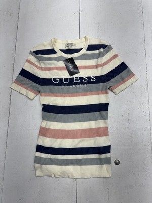 Guess Los Angeles Multicolor Striped Ribbed Short Sleeve T Shirt Womens Size M