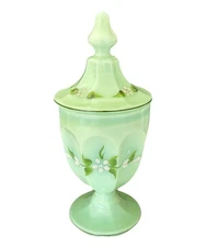 Westmoreland Milk Glass Sea Foam Green Mint Lidded  Candy Sugar Jar Signed