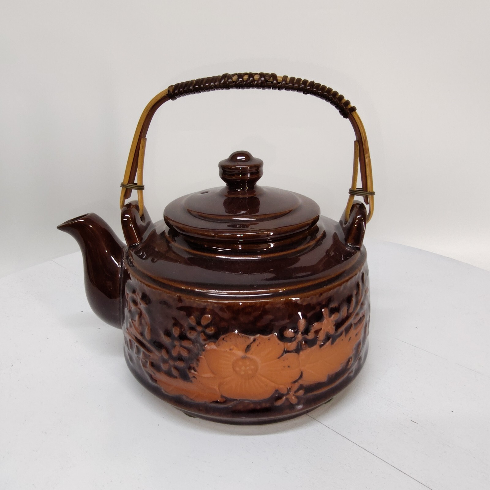 Brown Vintage Japanese Tea Pot Bamboo Handle With Flowers eBay