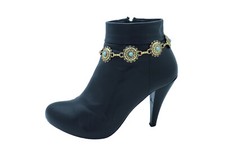 Women Gold Metal Boot Chain Bracelet Shoe Charm Blue Color Ethnic Flower Anklet