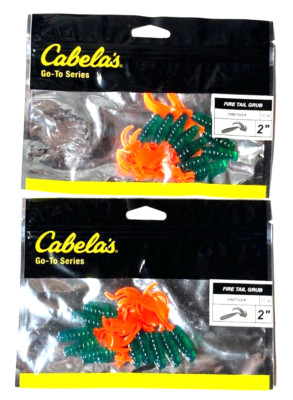 2 PACKS Cabela's Go-To-Series 2'' Fire Tail Grub Fire Tiger 10-Count Package