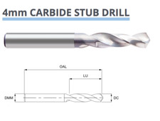 Image of 4mm CARBIDE STUB DRILL 2 FLUTED DIN6539 55mm x 22mm 8003030400 EUROPA TOOL A22