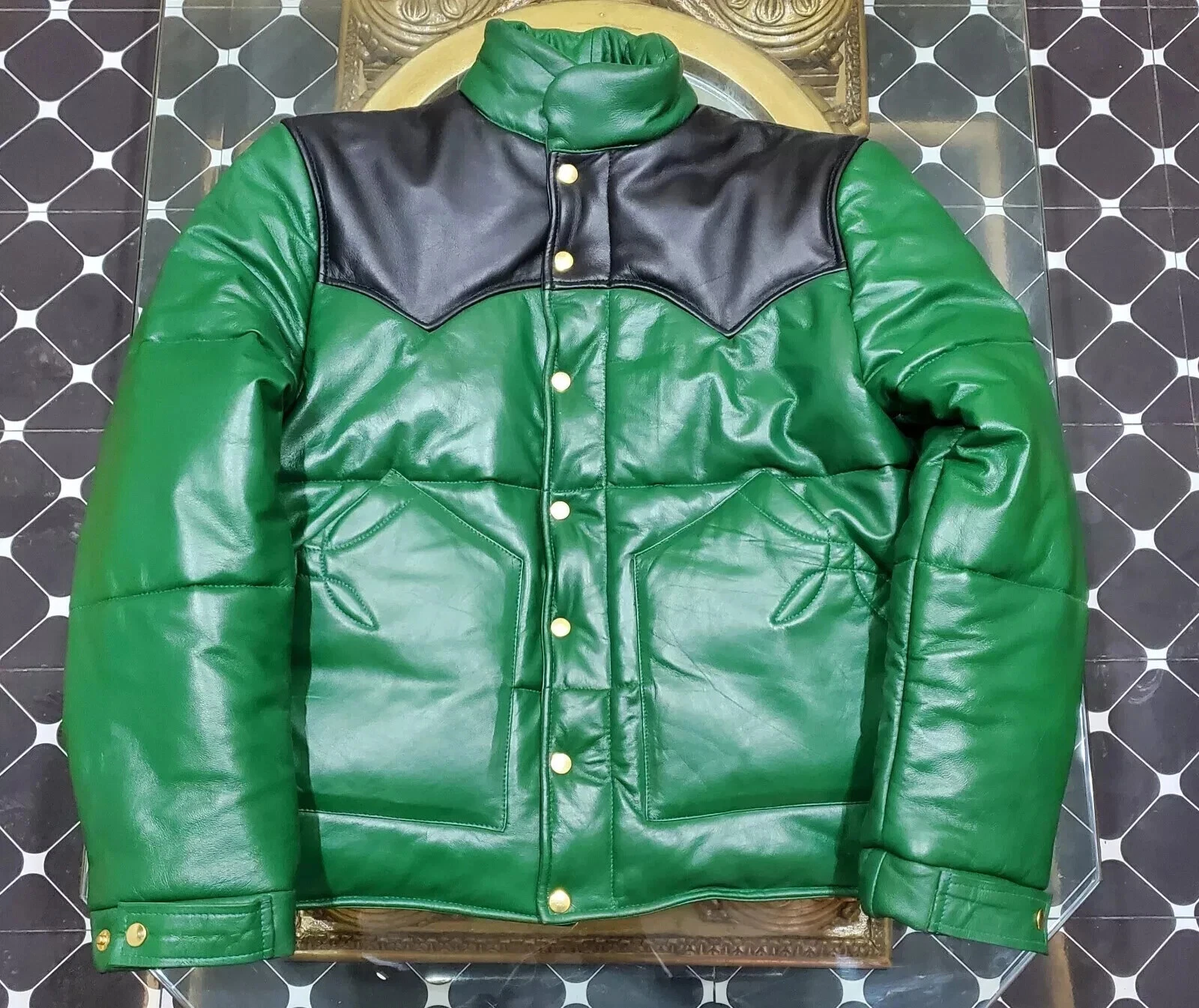 New Men's Quilted Stylish Puffer Bomber Green Genuine Lamb Leather Jacket