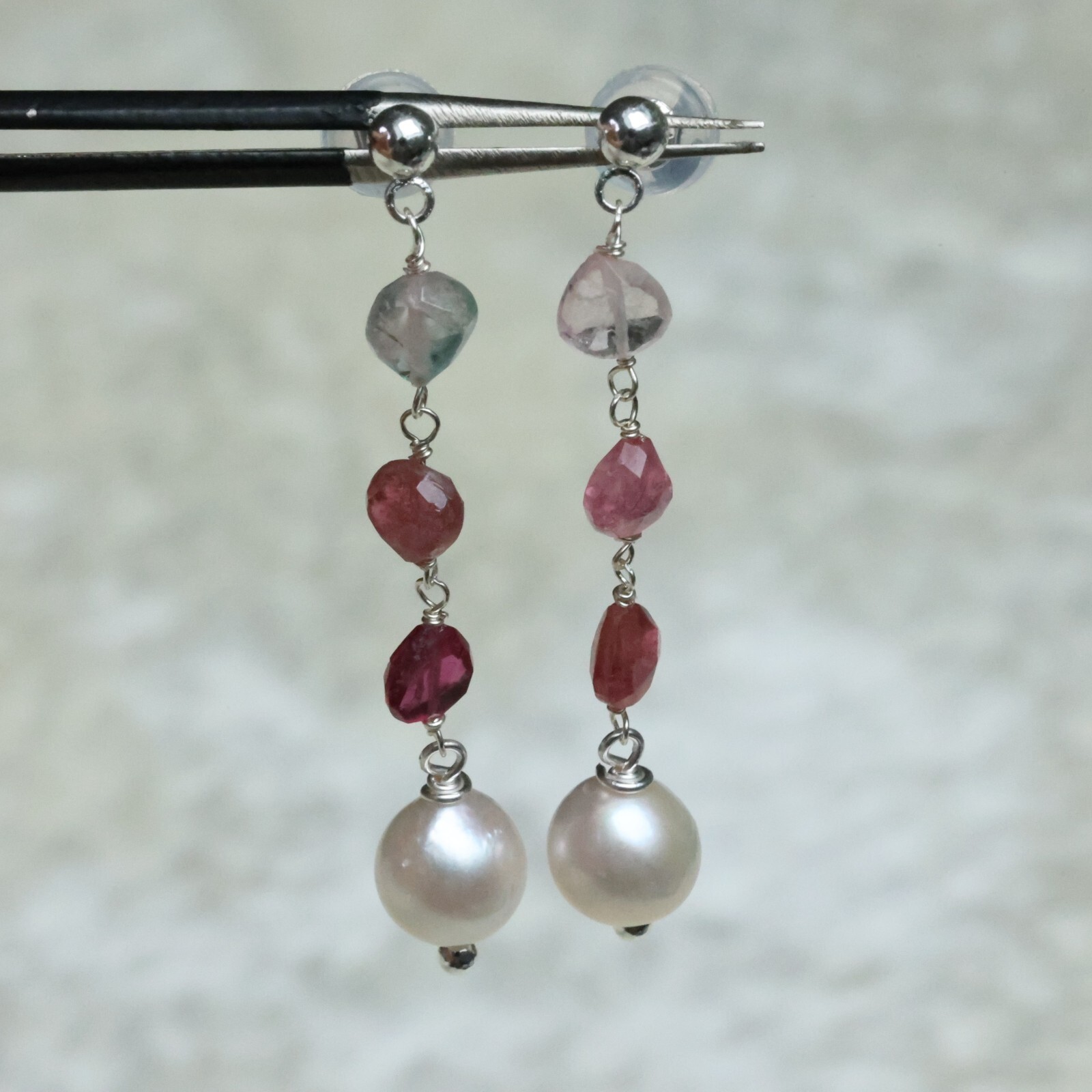 Boucles d'oreilles argent avec tourmaline véritable et authentique perle Akoya
