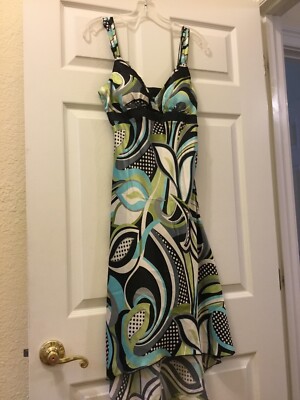 I.N San Francisco Cocktail Dress Black Turquoise Swirl High Low Women’s Size 11