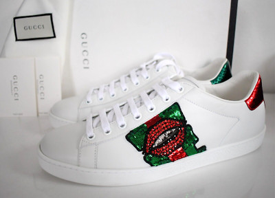  GUCCI WEB CRYSTAL MOUTH LIPS ACE White CALFSKIN Women's Sneakers EUR-40 US-10
