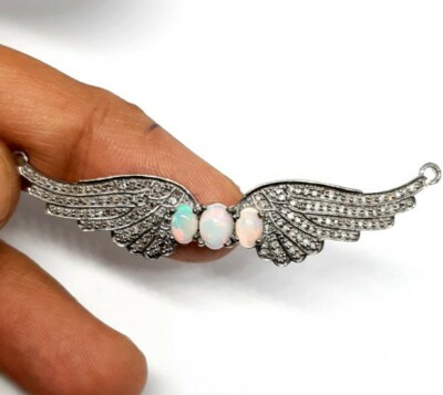 Ethiopian Opal Angel Wing Pendant 925 Silver Pave Diamond Wing Necklace Gift. 