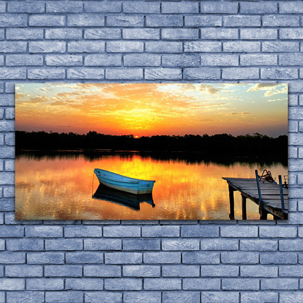 Photo sur toile paysage de lac avec bateau et pont de bois en format panoramique 140x70 cm