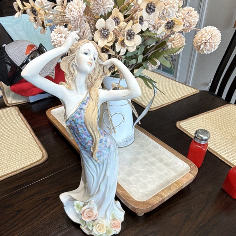 Ceramic Woman Figurine with Floral Dress, Multicolor Decorative Sculpture