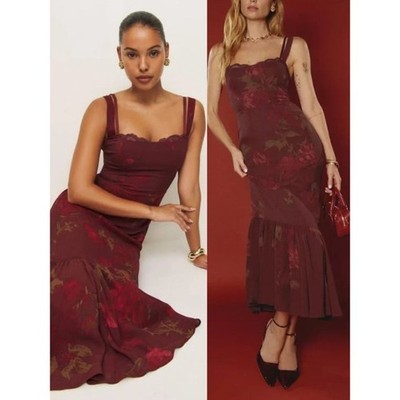 Reformation Irisa Dress Barcelona Border Red Floral Trumpet Midi Size 2