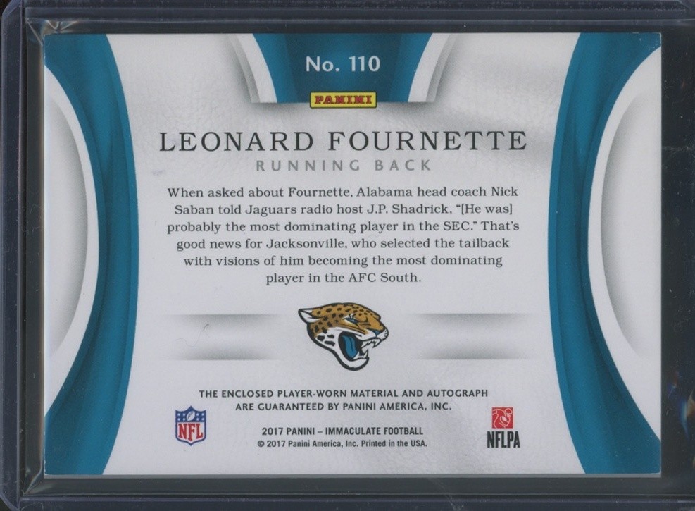 2017 Panini Immaculate Football Leonard Fournette #110 RC Rookie Patch Auto /99 view 2