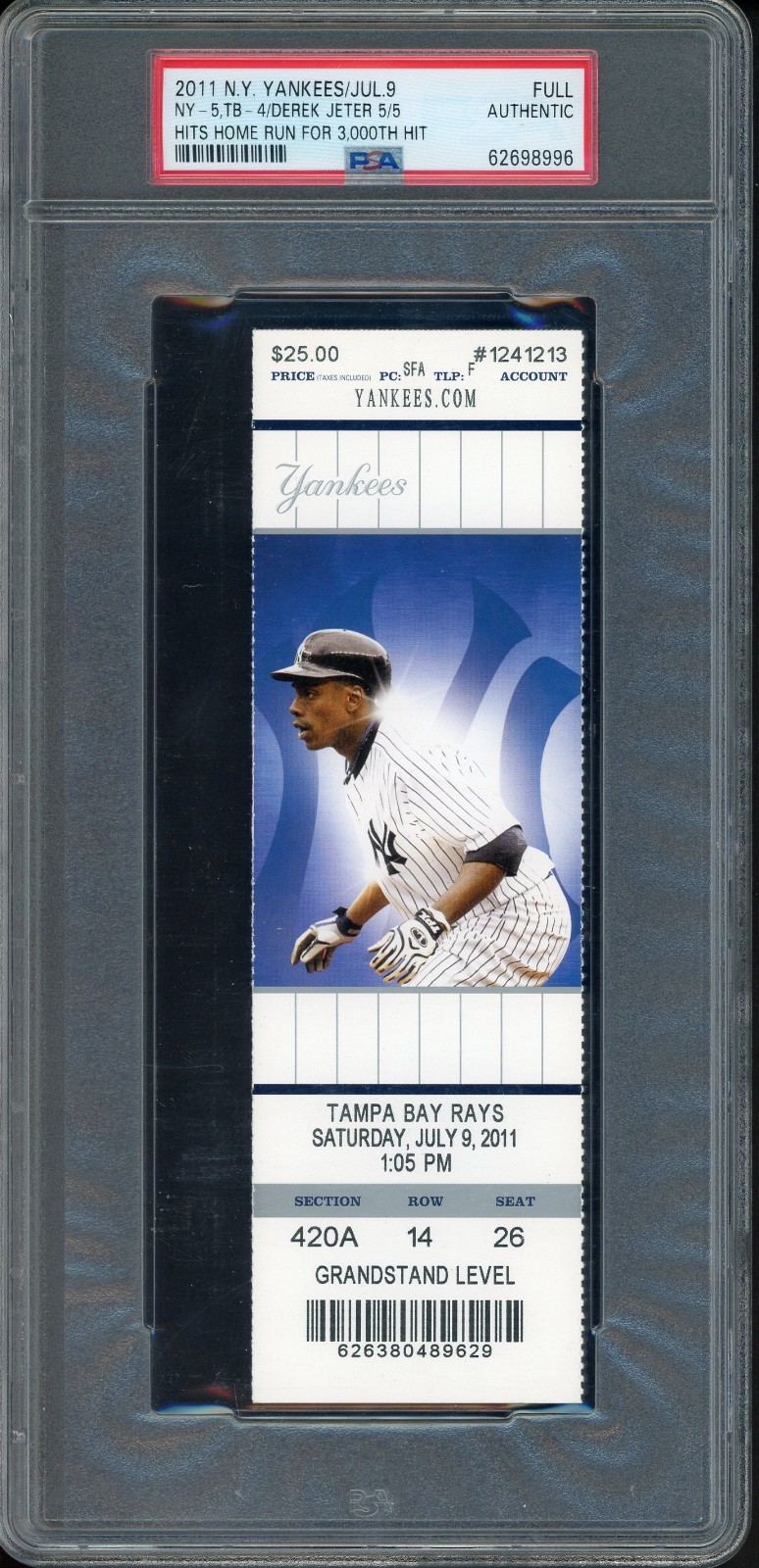 2011 Yankees Full Ticket Derek Jeter 5/5 Hits Home Run For 3000th Hit PSA AUTH