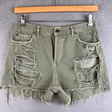 Free People Olive Green Distressed Denim Shorts High Rise Button Fly Raw Hem 28