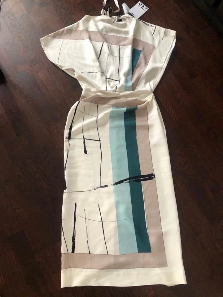 Zara Gemustertes Kleid Limited Edition XS Neu Ecru geometrisches Muster  Viral - Bild 2 von 4
