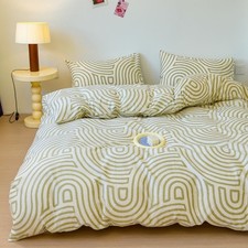 Abstract Duvet Cover Set Queen 100 Cotton Bedding Yellow Green Curve on Whit...