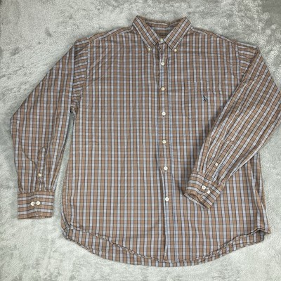 US Polo Assn Shirt Mens Large Beige Brown Plaid Button Up Long Sleeve Stretch