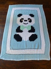 Crocheted Baby Blue Panda Blanket-Excellent Condition