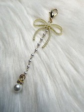Pearl Bow Bag Charm Keychain Gold Tone Zipper Pull New Handmade Gift