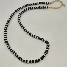 ANTIQUE VENETIAN BLACK DOG TOOTH RUFFLE GLASS TRADE BEADS NECKLACE 25" TRIBAL