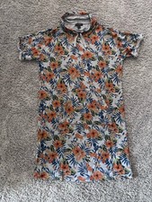 Tribal Gray Hawaiian Floral Short Sleeve Sweater Tunic Pocket Dress Women Size M
