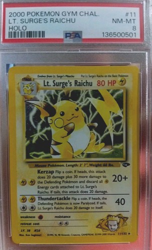 🔹PSA 8 NM-MT🔹Lt. Surge's Raichu Holo 11/132🔸2000 Gym Challenge Pokemon TCG