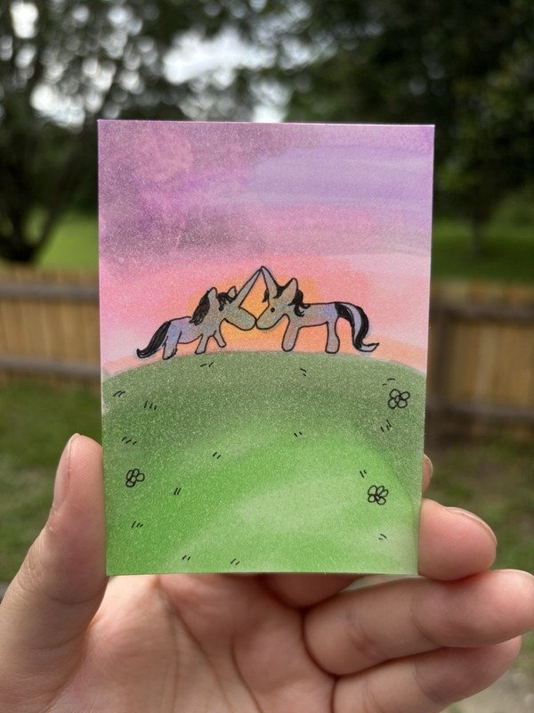 ACEO Original Art two cute unicorns at sunset on hillside grassy meadow 3.5x2.5