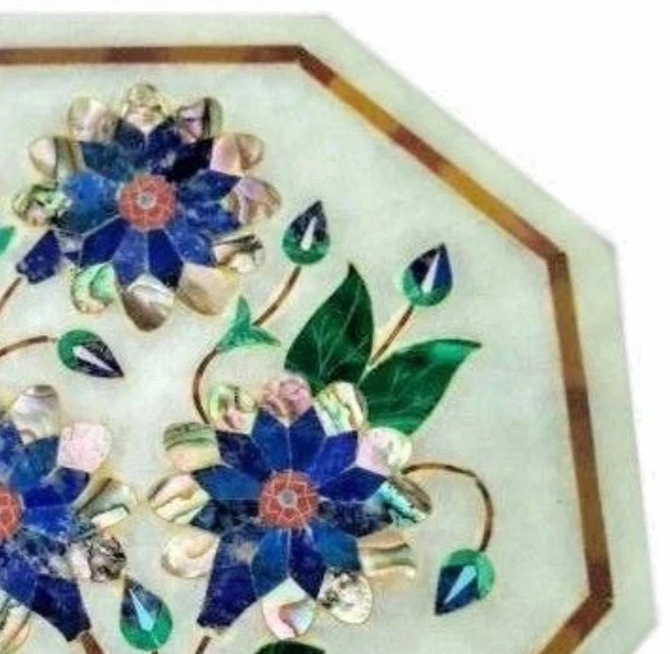 12" Marble Top Coffee Table Small Semi Precious Lapis Mop Inlay Stone Home Decor - Image 3 of 4