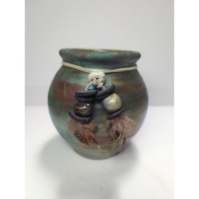 J Diller Raku Pottery Vase Iridescent Metallic Colors Raku Beads Feathers SIGNED