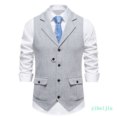 Men's Tweed Slim Fit Vests Wool Jackets Single Breasted British Style Waistcoats - Picture 7 of 22