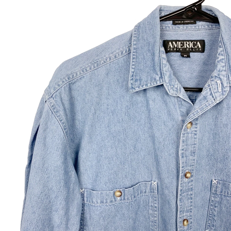 Vintage America Perry Ellis Denim Jean Solid Cotton Button Up Shirt Medium - Image 2 of 4