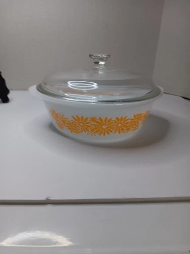 Vintage Glasbake Ovenware Yellow Daisy Casserole Oval Dish 514 2 Quart Pyrex lid