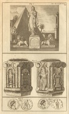Bas-relief Medical Society London. Old urn. Roman coins Victorinus Tetricus 1788