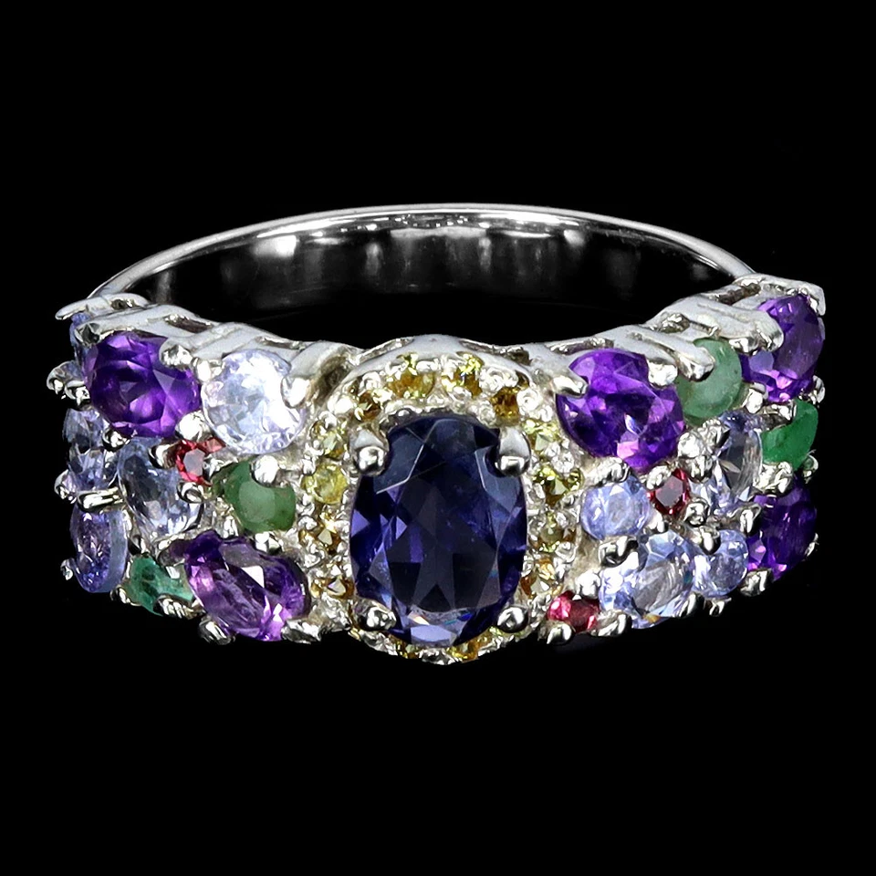 Anillo de plata de ley 925 ovalado iolita 7x5 mm amatista piedras preciosas naturales joyería talla Foto 2 de 4