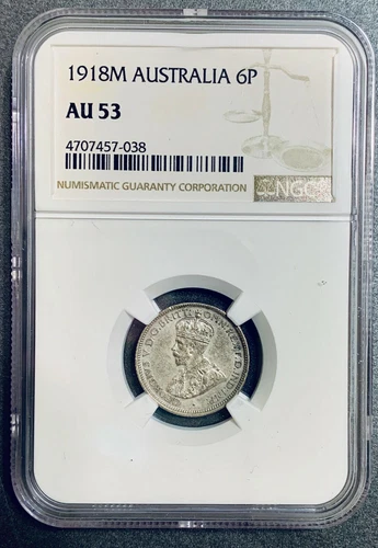 ~RARE~ 1918 M Australia Silver 6 Pence Coin NGC AU 53