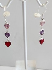 Sterling Silver 1 1/2" Colored Crystal Drop Heart Earrings