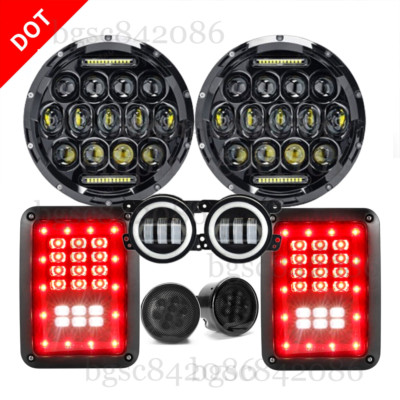 For Jeep Wrangler JK JKU LED Tail Lights 7'' Halo Headlights Fog Turn Lamps Combo