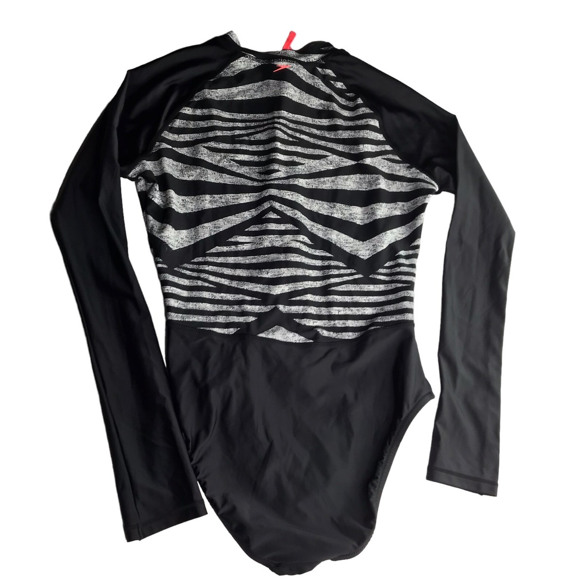 SPEEDO One Piece Swimsuit Rash Guard Half-Zip. Black White Stripe 