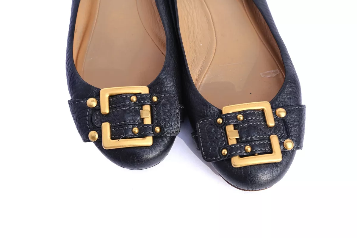 Black flat shoes deals with gold buckle