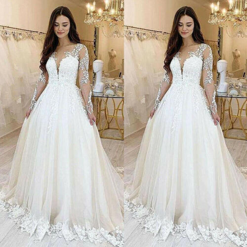 Long Sleeve Wedding Dresses A-Line O-Neck Lace Appliques Tulle Bride Gowns Train - Picture 1 of 6