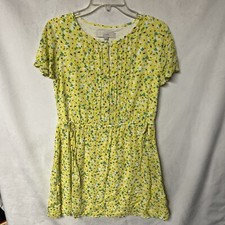 LOFT Summer Dress, Yellow Floral, Pleated Front, Midi Length, Size Small