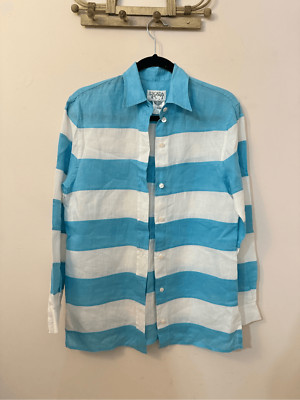 Escada Sport Aqua and White Striped Color Block Linen Button Down Blouse S