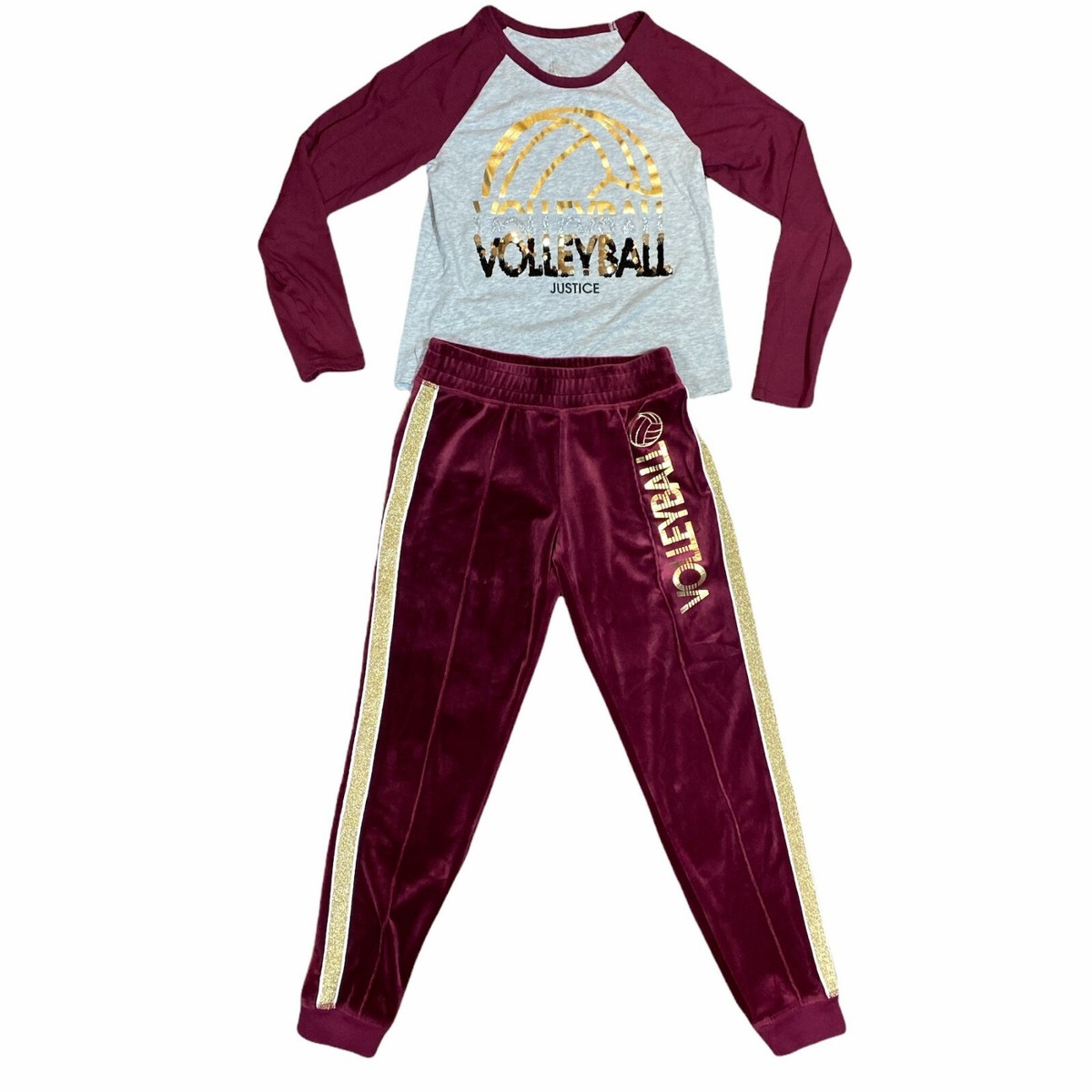 Justice VOLLEYBALL Girls Maroon Outfit Sequin Shirt Joggers Pants Size 10  tag