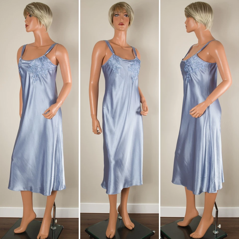 💖MORGAN TAYLOR Camisón Chemise Azul Hielo Brillante Satinado Bordado Correa Ancha S Foto 2 de 4