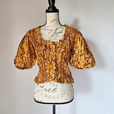Love The Label Anthropologie Abstract Smocked Top Puff-Sleeve Cotton Yellow Sz.S