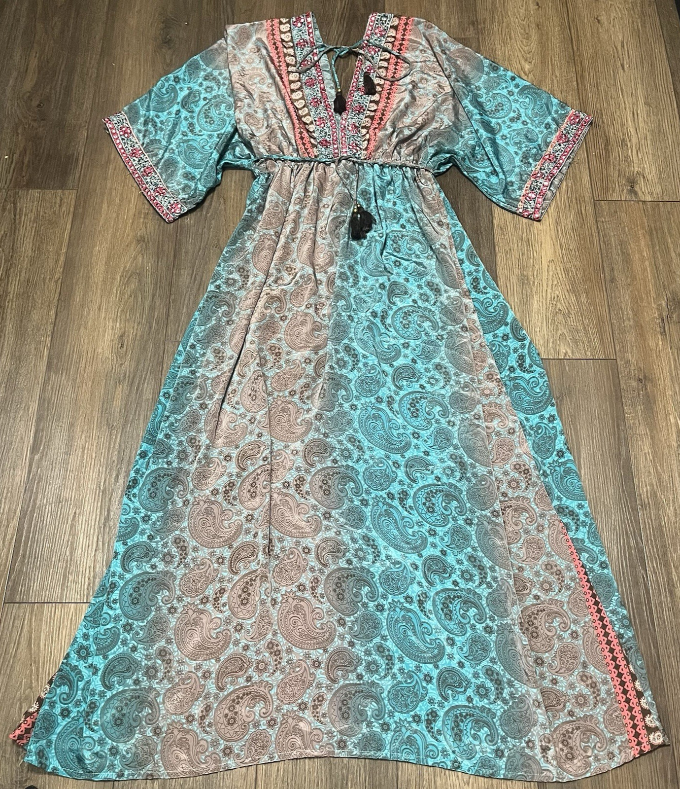 Bigg Bull Silk Blend Boho Maxi Dress Paisley Turquoise Pink Festival One Size